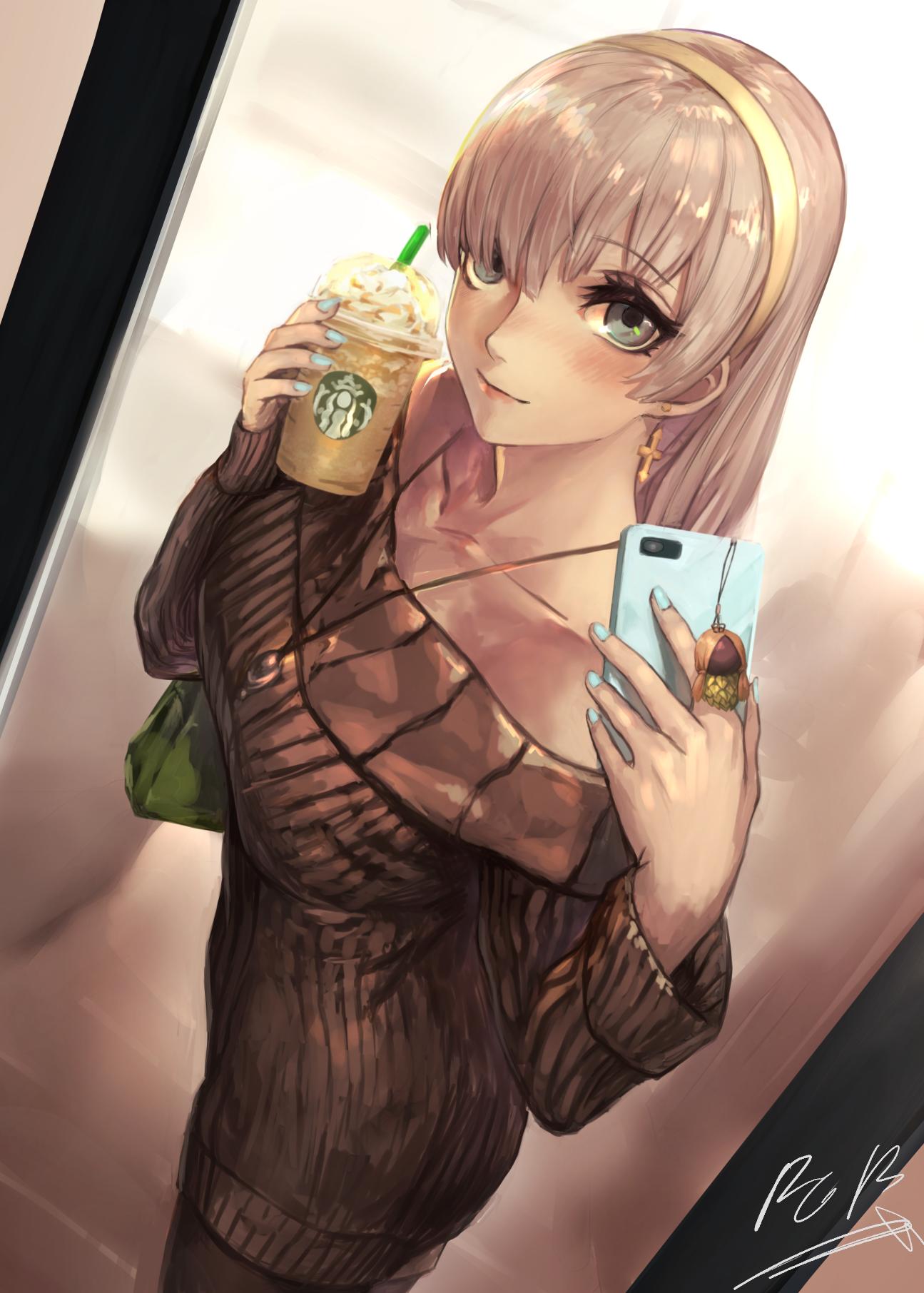 1girl alternate_costume anastasia_(fate/grand_order) bangs blue_eyes cellphone coffee_cup collarbone cup disposable_cup dress drinking_straw earrings eyebrows_visible_through_hair fate/grand_order fate_(series) hairband highres holding holding_cellphone holding_cup holding_phone jewelry long_hair long_sleeves mirror necklace off-shoulder_sweater off_shoulder pantyhose peperon_(peperou) phone reflection ribbed_sweater self_shot signature silver_hair smartphone smile solo starbucks starbucks_siren sweater sweater_dress