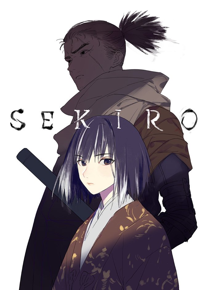 2boys bangs black_hair blush from_software japanese_clothes kimono kuro_the_divine_heir looking_at_viewer male_focus multiple_boys scarf sekiro sekiro:_shadows_die_twice short_hair weapon yamakawa