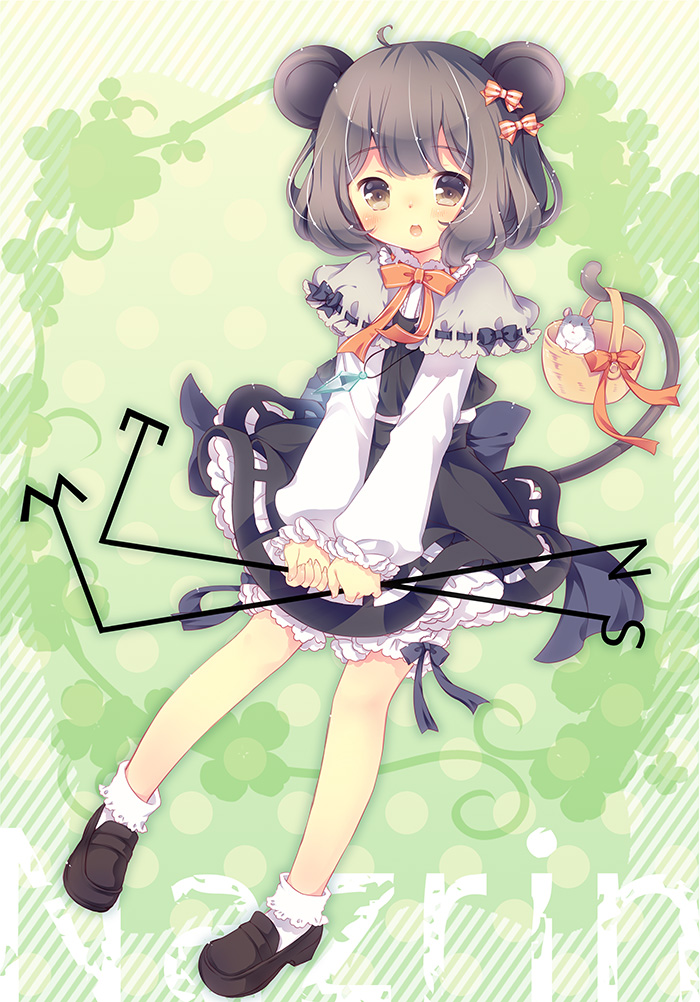 1girl :o ahoge animal animal_ears aogiri_sei basket black_skirt bloomers blush bobby_socks bow brown_eyes capelet character_name crystal dowsing_rod full_body green_background grey_hair hair_bow holding jewelry loafers long_sleeves looking_at_viewer mouse mouse_ears mouse_tail nazrin neck_ribbon open_mouth orange_ribbon pendant petticoat ribbon ribbon-trimmed_capelet ribbon_trim shirt shoes short_hair skirt skirt_set socks solo tail touhou underwear white_legwear white_shirt