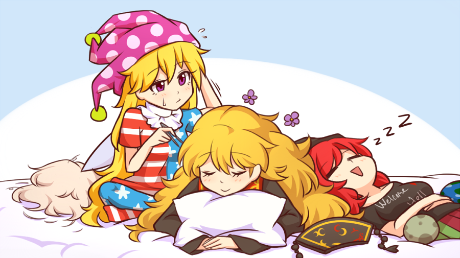 3girls :&gt; :d =_= american_flag_dress american_flag_legwear arm_up bangs bare_shoulders bed_sheet black_dress black_shirt blonde_hair blue_background blue_dress blue_legwear blush breasts closed_eyes clownpiece commentary dress earth_(ornament) english_commentary eyebrows_visible_through_hair eyelashes flower flying_sweatdrops green_skirt hair_between_eyes hand_in_hair hat headwear_removed hecatia_lapislazuli indian_style jester_cap junko_(touhou) long_hair long_sleeves lying medium_breasts moon_(ornament) multicolored multicolored_clothes multicolored_skirt multiple_girls no_shoes off-shoulder_shirt off_shoulder on_back on_stomach open_mouth pillow polka_dot polka_dot_hat polos_crown purple_flower purple_headwear red_dress red_legwear red_skirt redhead shirt short_dress short_hair short_sleeves sitting skirt sleeping smile star star_print striped striped_dress striped_legwear sweat t-shirt tabard tassel touhou two-tone_background very_long_hair violet_eyes white_background white_dress white_legwear wool_(miwol) zzz