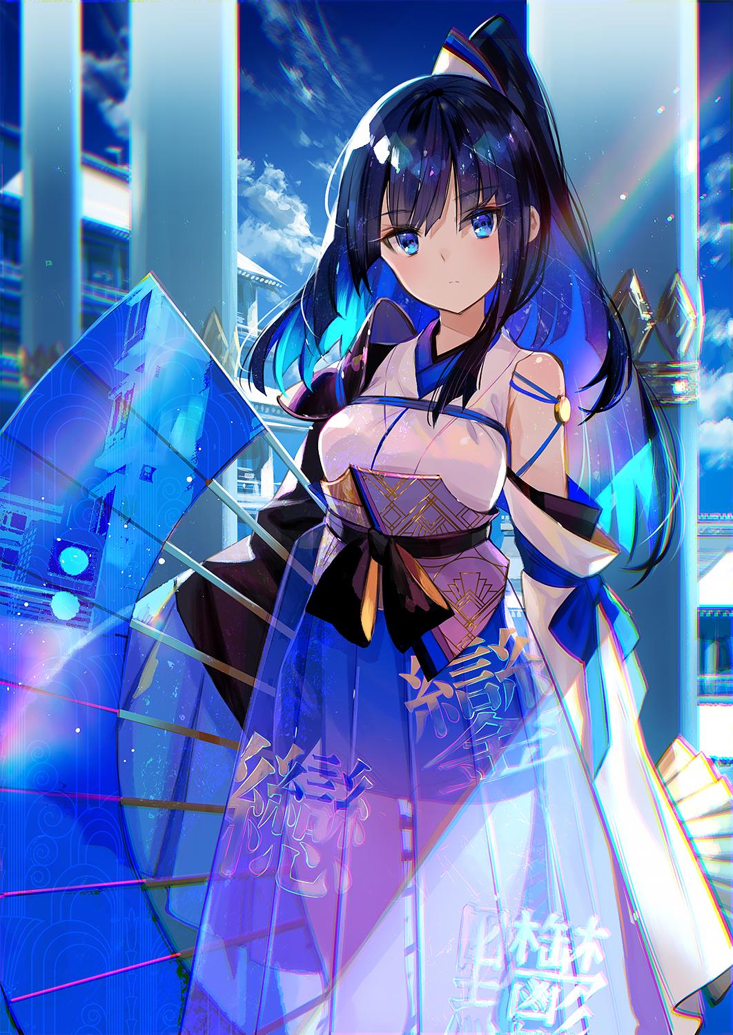 1girl architecture armpit_crease blue_eyes blue_hair breasts closed_mouth clouds detached_sleeves dusk east_asian_architecture fan folding_fan fuji_choko gradient hakama_skirt highres japanese_clothes kimono long_hair long_sleeves looking_at_viewer medium_breasts original shade sky solo standing sunlight wide_sleeves