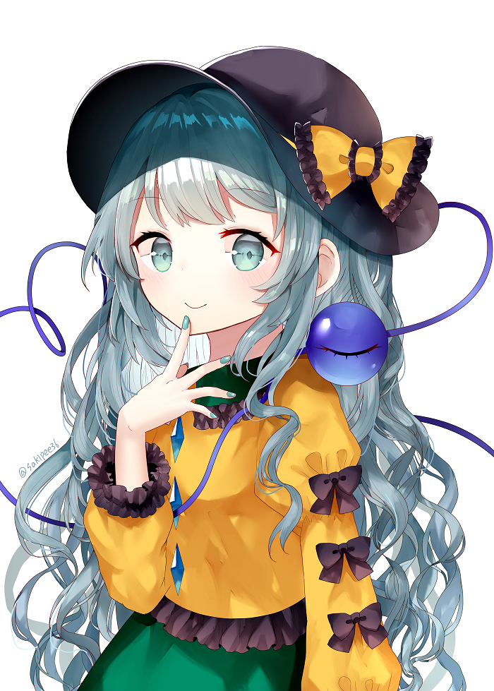 1girl alternate_hair_length alternate_hairstyle aqua_eyes arm_at_side arm_up bangs black_headwear blue_nails bow eyebrows_visible_through_hair finger_to_chin fingernails frilled_shirt frilled_shirt_collar frilled_sleeves frills green_skirt hat hat_bow juliet_sleeves komeiji_koishi long_hair long_sleeves looking_at_viewer nail_polish puffy_sleeves sakipsakip shirt silver_hair simple_background skirt sleeve_ribbon smile solo standing touhou twitter_username upper_body very_long_hair wavy_hair white_background yellow_shirt