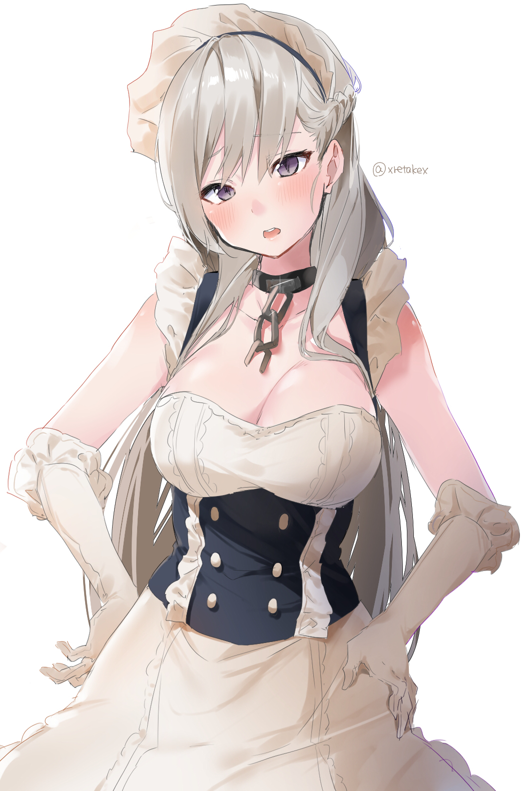 1girl apron azur_lane bangs belfast_(azur_lane) blue_eyes blush braid breasts chains cleavage collar collarbone corset cowboy_shot dress eyebrows_visible_through_hair french_braid frills gloves hands_on_hips head_tilt highres large_breasts long_hair looking_at_viewer maid maid_headdress simple_background solo twitter_username white_background white_gloves white_hair xretakex