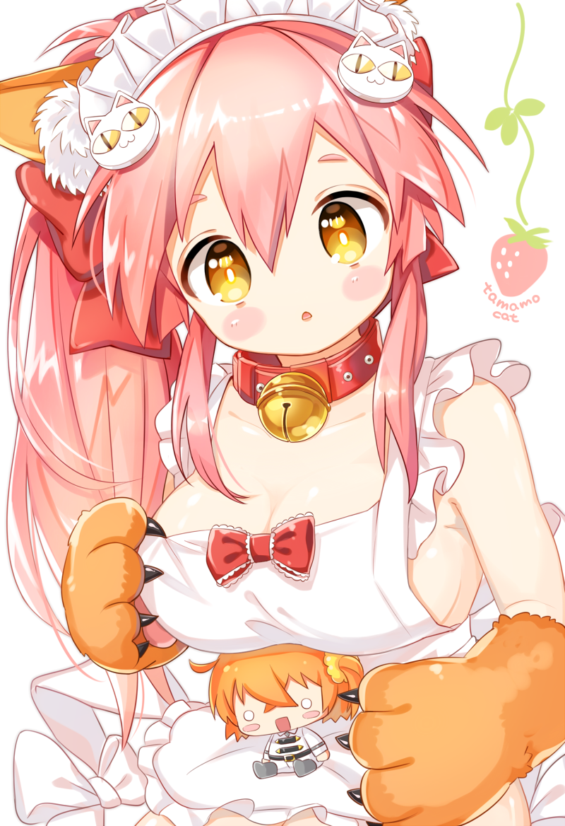 00tuma00 1girl animal_ear_fluff animal_ears apron bell bell_collar blush_stickers breasts cat_hair_ornament cat_paws chaldea_uniform cleavage closed_mouth collar commentary_request fate/grand_order fate_(series) fox_ears fox_girl fujimaru_ritsuka_(female) gloves hair_ornament hair_scrunchie jacket jingle_bell large_breasts long_hair looking_at_viewer maid_headdress naked_apron open_mouth orange_hair orange_scrunchie paw_gloves paw_shoes paws pink_hair scrunchie shoes side_ponytail sideboob simple_background solo stuffed_toy tamamo_(fate)_(all) tamamo_cat_(fate) white_background white_jacket yellow_eyes yellow_scrunchie