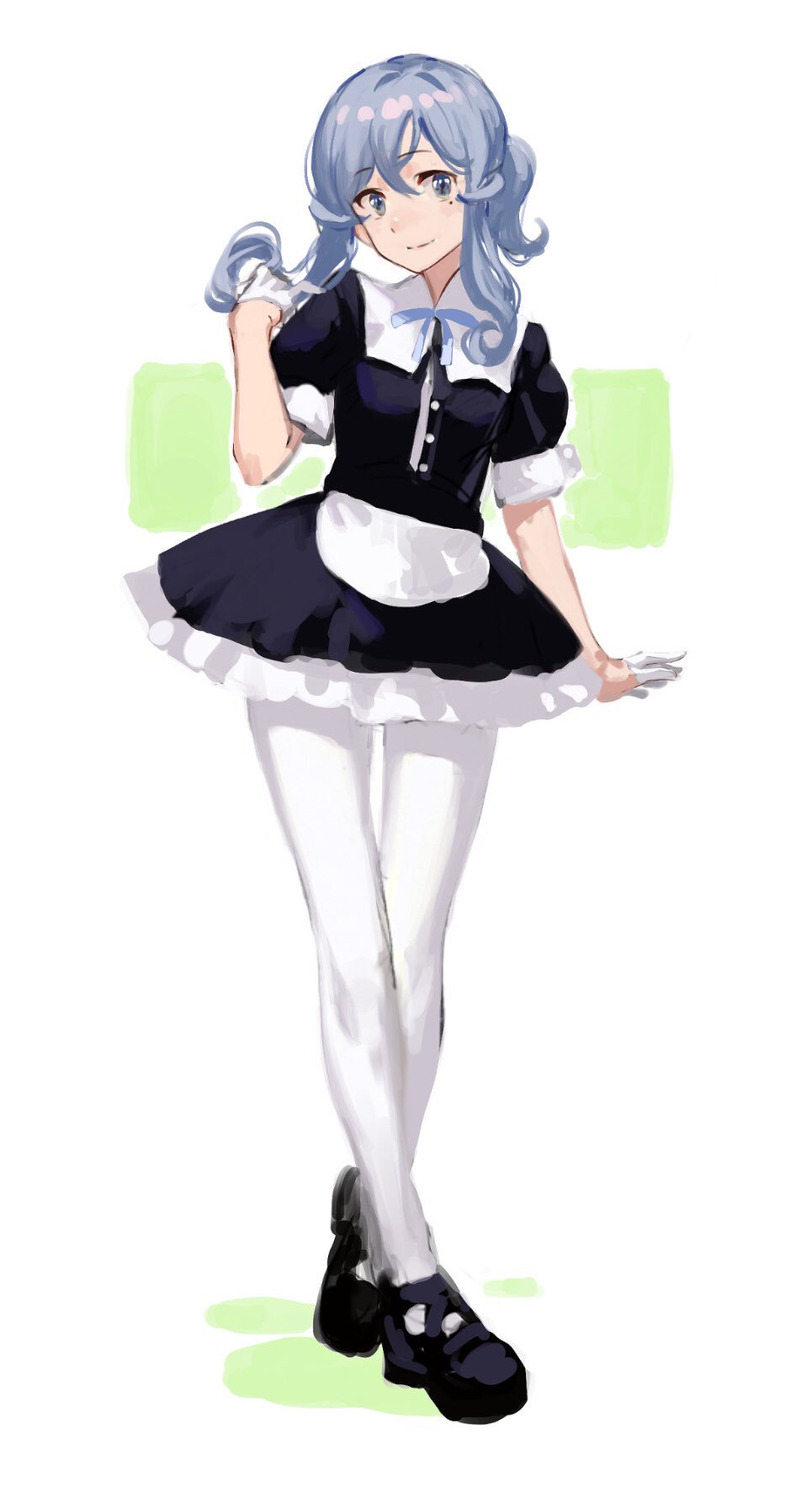 1girl alternate_costume apron black_footwear blue_hair enmaided full_body gloves gotland_(kantai_collection) hair_between_eyes half_gloves highres kantai_collection long_hair looking_at_viewer lynchis maid maid_apron maid_dress mary_janes mole mole_under_eye pantyhose puffy_short_sleeves puffy_sleeves shoes short_sleeves smile solo white_gloves white_legwear