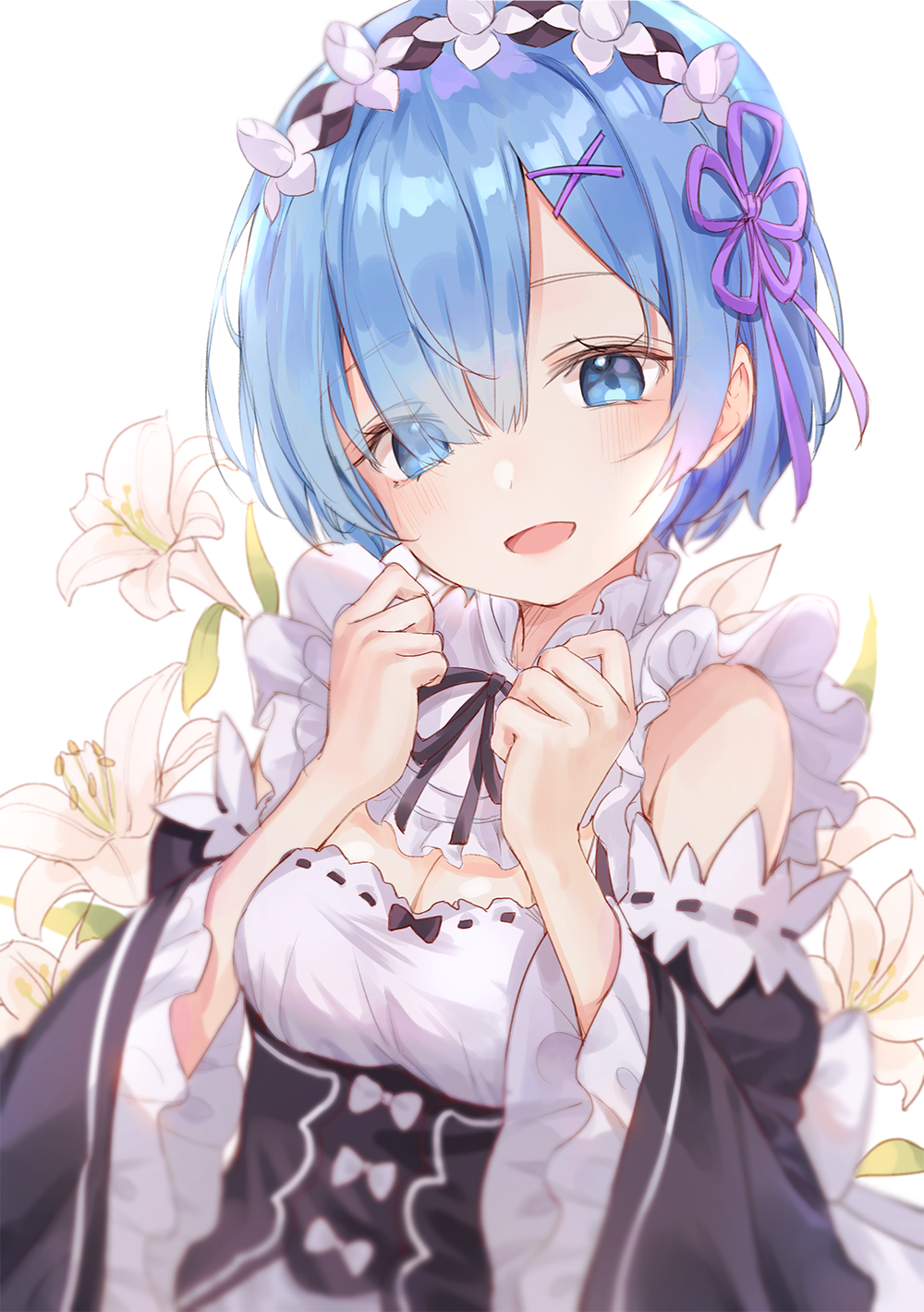 1girl :d bangs bare_shoulders black_bow black_dress black_neckwear black_ribbon blue_eyes blue_hair blurry blush bow breasts cleavage commentary depth_of_field detached_sleeves dress eyebrows_visible_through_hair eyes_visible_through_hair flower frilled_shirt_collar frilled_sleeves frills hair_flower hair_ornament hair_ribbon hairclip hands_up head_tilt highres hor long_sleeves looking_at_viewer maid maid_headdress neck_ribbon open_mouth purple_ribbon re:zero_kara_hajimeru_isekai_seikatsu rem_(re:zero) ribbon short_hair simple_background small_breasts smile solo upper_body white_background white_bow white_flower wide_sleeves