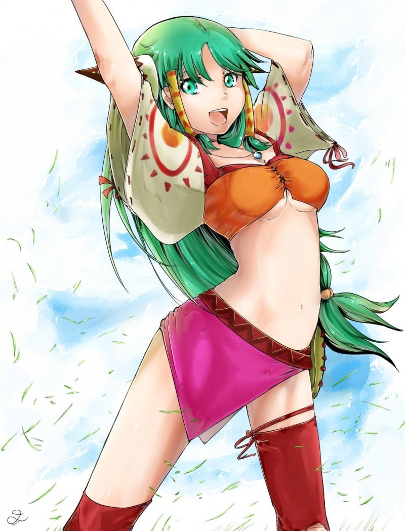 1girl arms_up bad_deviantart_id bad_id breasts cleavage feena_(grandia) grandia green_eyes green_hair hair_ornament hair_tubes jewelry long_hair looking_at_viewer low-tied_long_hair medium_breasts midriff navel necklace open_mouth skirt smile solo standing thigh-highs under_boob wide_sleeves yggdrasill_studio