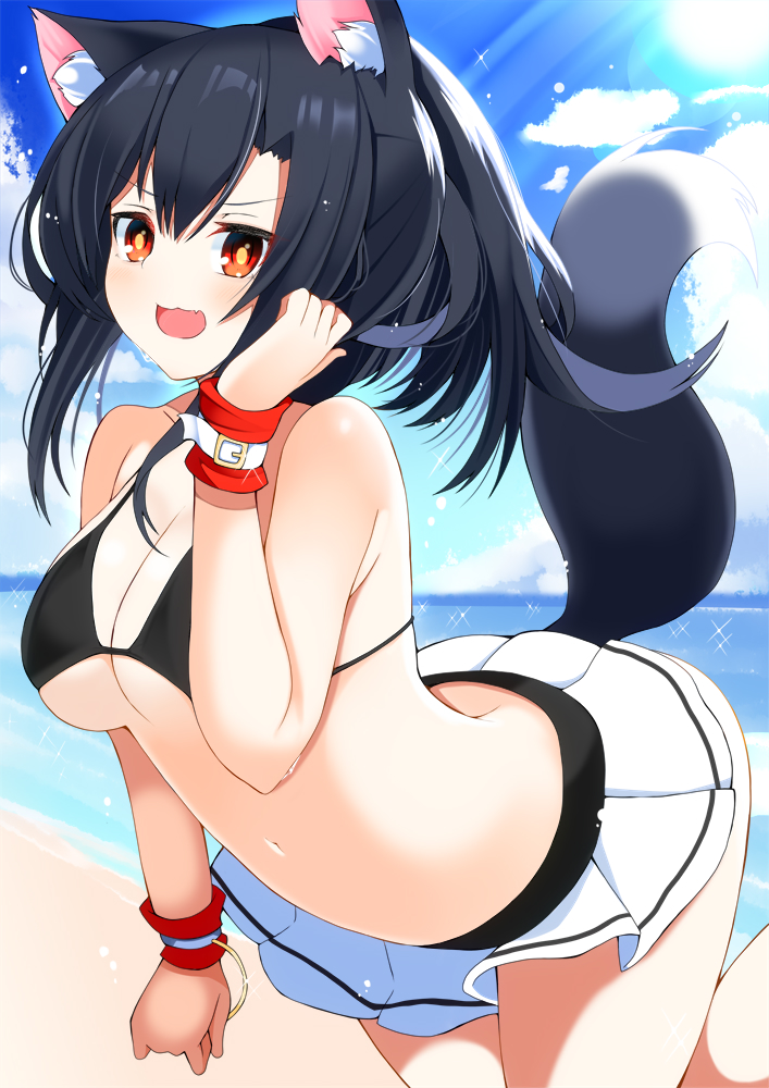 1girl :3 :d animal_ear_fluff animal_ears azur_lane bangs bare_shoulders beach bikini black_hair blue_sky breasts cleavage clouds day eyebrows_visible_through_hair fang hair_between_eyes hand_up hidaka0503 long_hair looking_at_viewer medium_breasts navel ocean open_mouth orange_eyes ponytail shigure_(azur_lane) sky smile solo swimsuit tail tail_raised under_boob v-shaped_eyebrows water wolf_ears wolf_girl wolf_tail