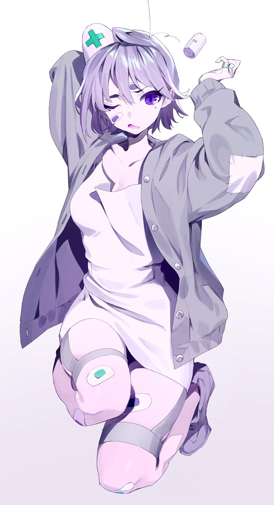 bandages breasts buttons coat collarbone commentary cross dress grey_coat grey_footwear hair_between_eyes hat highres jumping kamameshi_gougoumaru long_sleeves medium_breasts nurse_cap one_eye_closed open_mouth original patch purple_hair shoes short_dress short_hair simple_background sneakers tears thigh_strap violet_eyes white_dress