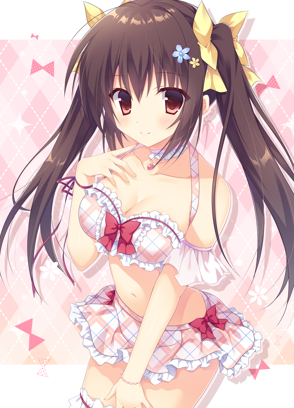 1girl argyle argyle_background bare_shoulders bead_bracelet beads blue_flower blush bow bra bracelet breasts brown_hair choker cleavage closed_mouth collarbone cowboy_shot flower frilled_bra frilled_skirt frills hair_bow hair_flower hair_ornament hand_up heart highres jewelry leg_garter long_hair looking_at_viewer medium_breasts miniskirt navel original pimopi plaid plaid_bra plaid_skirt red_bow red_eyes sidelocks skirt smile solo stomach thighs twintails underwear white_bra white_skirt yellow_bow yellow_flower
