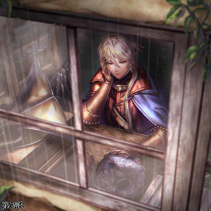 1boy blonde_hair blue_cape book bookshelf brown_gloves cape dairoku_youhei desk dragon gloves hair_between_eyes hand_on_own_cheek male_focus muramatu0226 official_art orange_eyes phonograph sitting solo through_window window