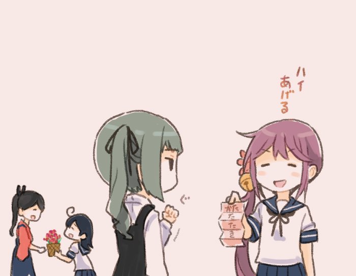 4girls ahoge akebono_(kantai_collection) bell black_hair bow clenched_hand closed_eyes comic commentary dress flower green_hair hair_bell hair_bow hair_flower hair_ornament hair_ribbon holding holding_flower houshou_(kantai_collection) japanese_clothes kantai_collection kasumi_(kantai_collection) kimono long_hair long_sleeves mother's_day multiple_girls open_mouth otoufu pinafore_dress pleated_skirt ponytail purple_hair ribbon school_uniform serafuku shirt short_sleeves side_ponytail skirt smile translation_request upper_body ushio_(kantai_collection) white_shirt wide_sleeves