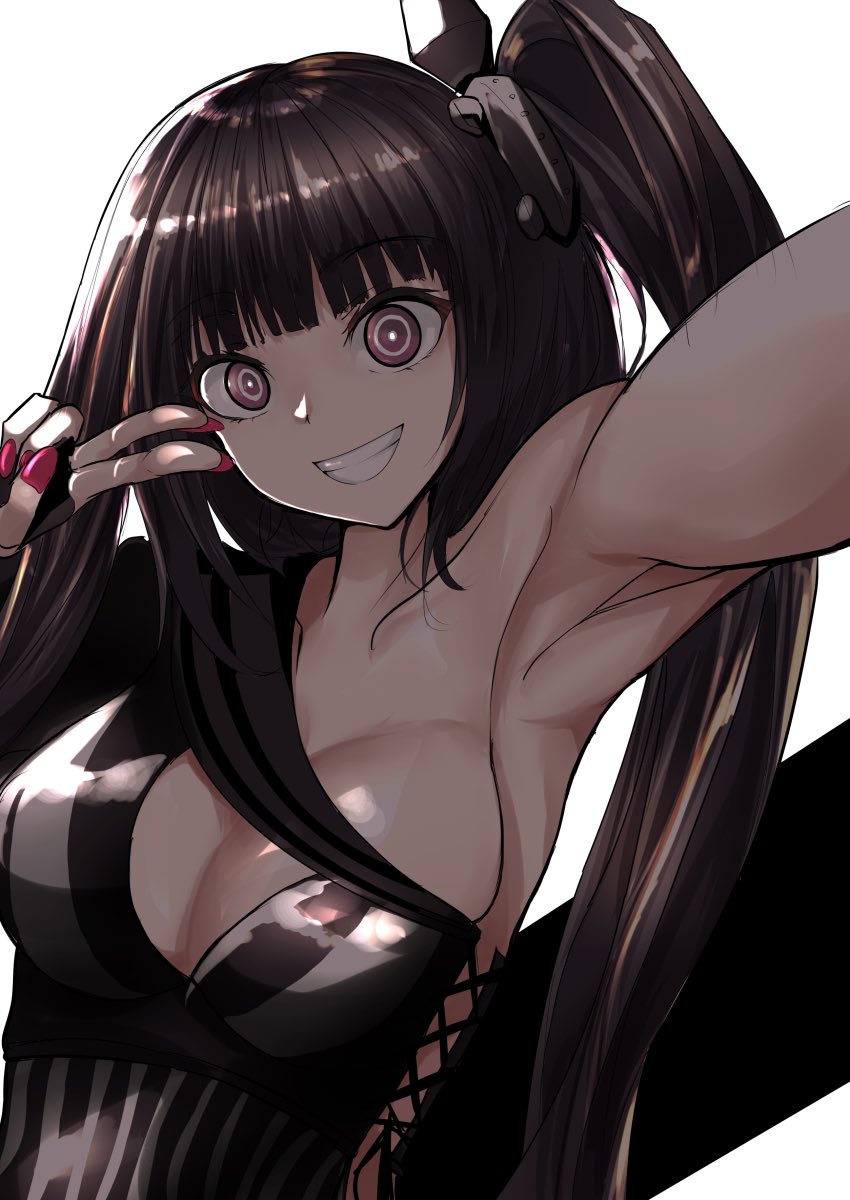 1girl architect_(girls_frontline) armpits bangs black_gloves black_hair breasts cleavage eyebrows_visible_through_hair girls_frontline gloves hair_ornament highres long_hair looking_at_viewer medium_breasts nail_polish pale_skin pink_eyes red_nails sangvis_ferri self_shot side_ponytail smile solo take_(trude1945oneetyan) v wide-eyed