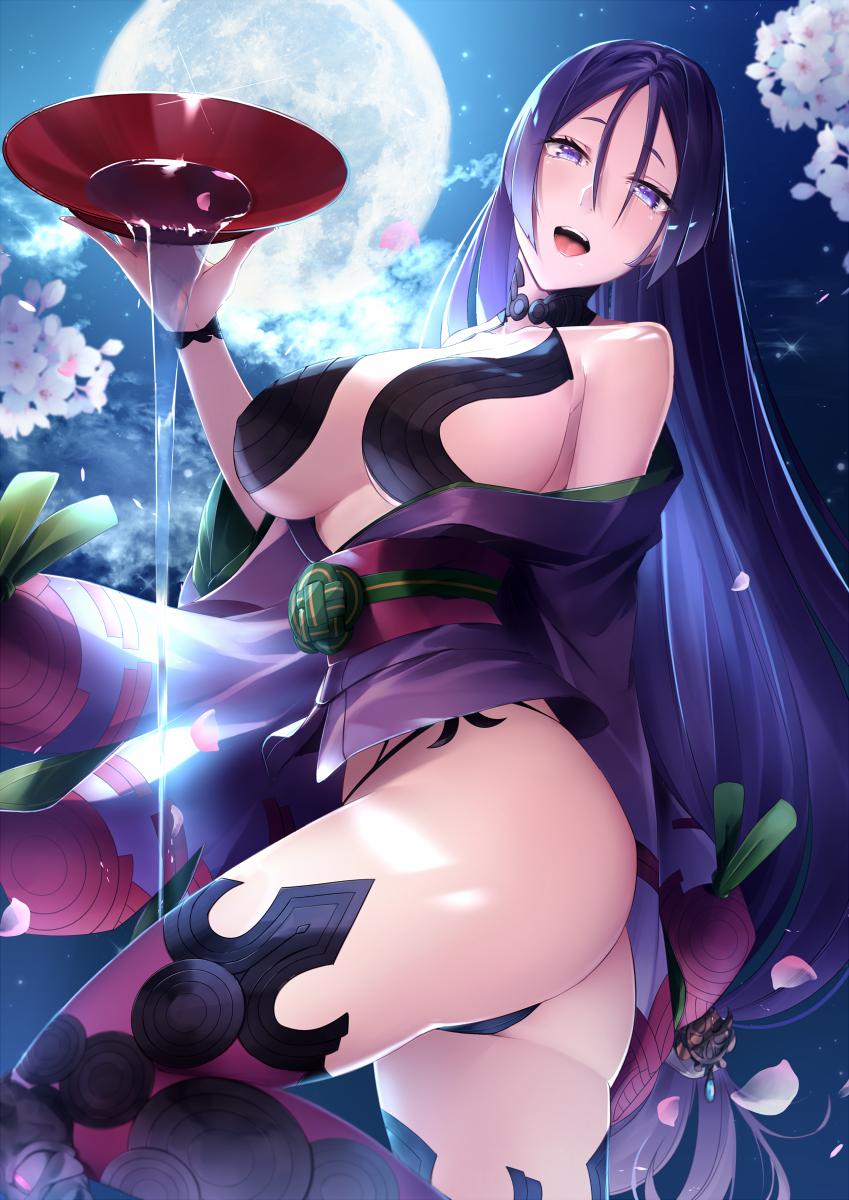 1girl :d alcohol ass bangs bare_shoulders blush bodysuit breasts cherry_blossoms cleavage cosplay cowboy_shot cup fate/grand_order fate_(series) fingerless_gloves full_moon gloves highres holding holding_cup huge_breasts japanese_clothes kimono koruta_(nekoimo) large_breasts long_hair looking_at_viewer low-tied_long_hair minamoto_no_raikou_(fate/grand_order) moon navel night off_shoulder open_clothes open_mouth outdoors parted_bangs petals pouring purple_hair revealing_clothes sakazuki sake shuten_douji_(fate/grand_order) shuten_douji_(fate/grand_order)_(cosplay) sky smile solo star_(sky) starry_sky thighs very_long_hair violet_eyes