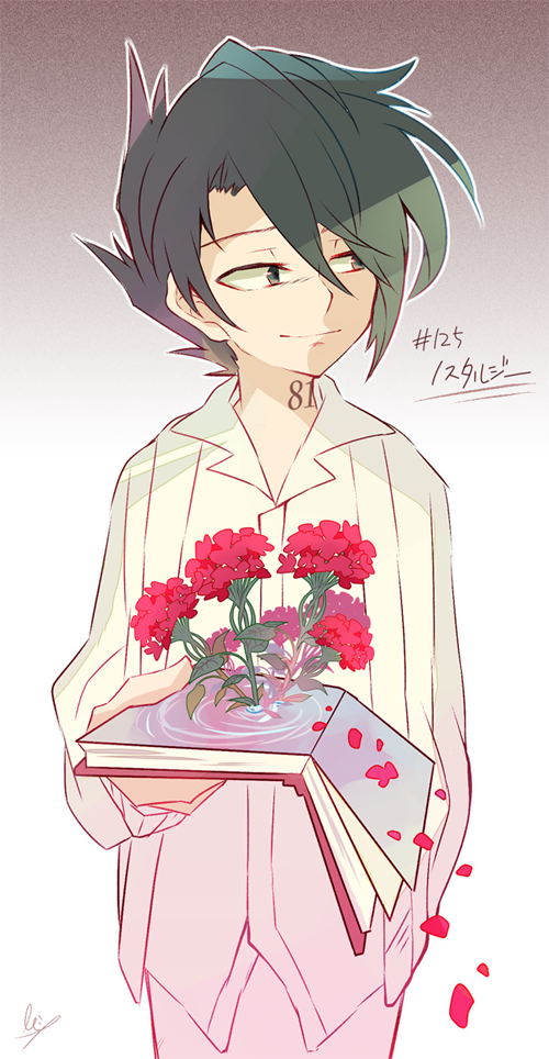 1boy 728ret black_hair book closed_mouth flower gradient gradient_background grey_eyes hair_over_one_eye holding holding_book long_sleeves looking_to_the_side neck_tattoo number_tattoo open_book petals ray_(yakusoku_no_neverland) red_flower shirt short_hair signature simple_background smile solo standing tattoo white_shirt yakusoku_no_neverland