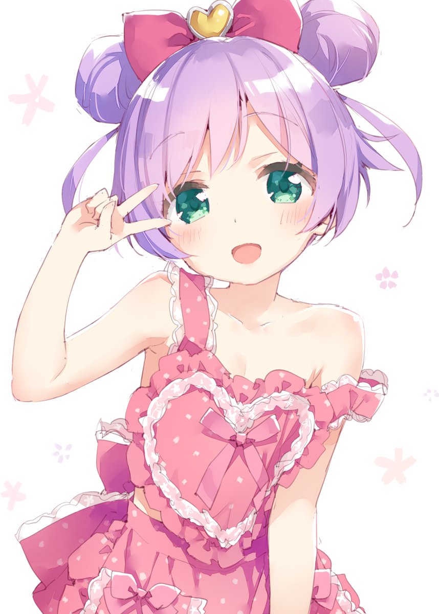 1girl :d bare_arms bare_shoulders bow commentary double_bun eyebrows_visible_through_hair frills green_eyes hair_bow hair_ornament heart heart_hair_ornament highres looking_at_viewer manaka_lala mother's_day open_mouth peko pink_bow pretty_(series) pripara purple_hair short_hair simple_background smile solo strap_slip v v_over_eye white_background