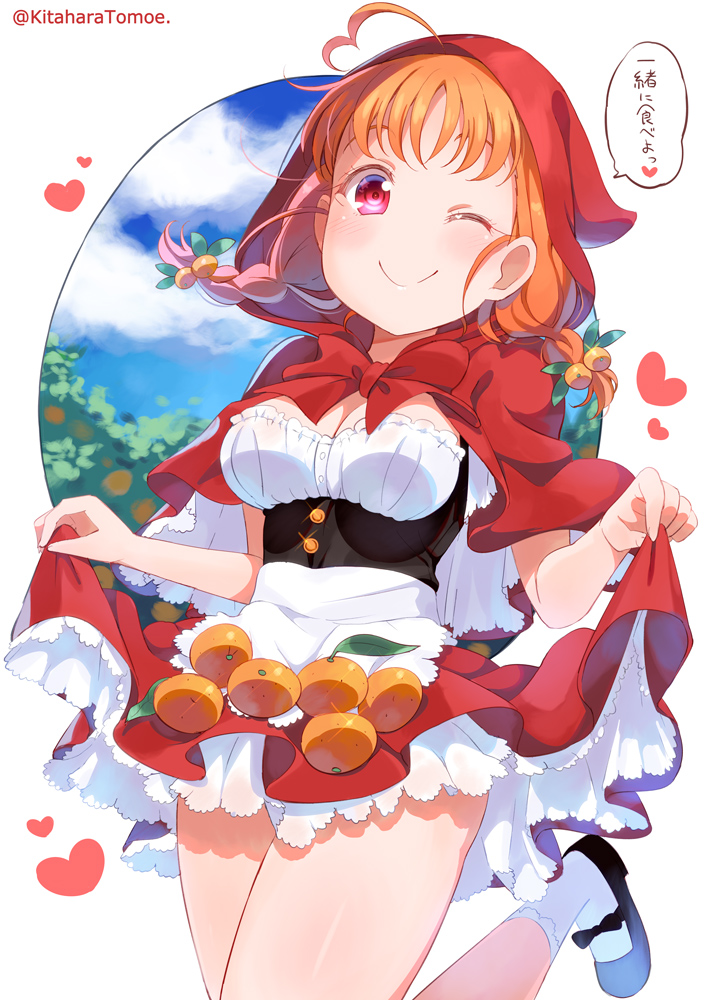 1girl ;) ahoge alternate_hairstyle apron ascii_media_works bangs black_footwear blush bobby_socks braid breasts bushiroad capelet cleavage cosplay cute food food_themed_hair_ornament fruit hair_ornament heart heart_ahoge hood hood_up hooded_capelet kitahara_tomoe_(kitahara_koubou) little_red_riding_hood little_red_riding_hood_(grimm) little_red_riding_hood_(grimm)_(cosplay) long_hair looking_at_viewer love_live! love_live!_sunshine!! mandarin_orange medium_breasts one_eye_closed orange_hair orange_hair_ornament red_capelet red_eyes red_skirt shoes skirt skirt_basket skirt_hold smile socks solo takami_chika translated twin_braids twitter_username underbust waist_apron white_apron white_legwear