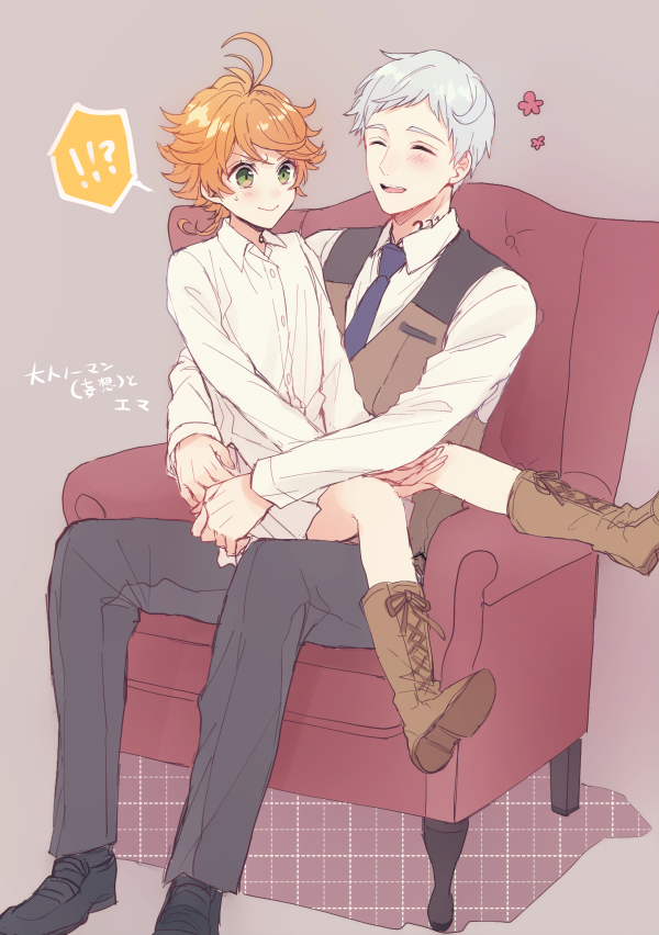 ! !!? !? 1boy 1girl :p ? ahoge armchair blush boots chair closed_eyes emma_(yakusoku_no_neverland) green_eyes hug laughing leather leather_boots long_sleeves neck_tattoo necktie norman_(yakusoku_no_neverland) open_mouth orange_hair pants purplewis shadow shirt shoes short_hair simple_background sitting sitting_on_person skirt smile tattoo tongue tongue_out vest white_hair white_shirt white_skin yakusoku_no_neverland