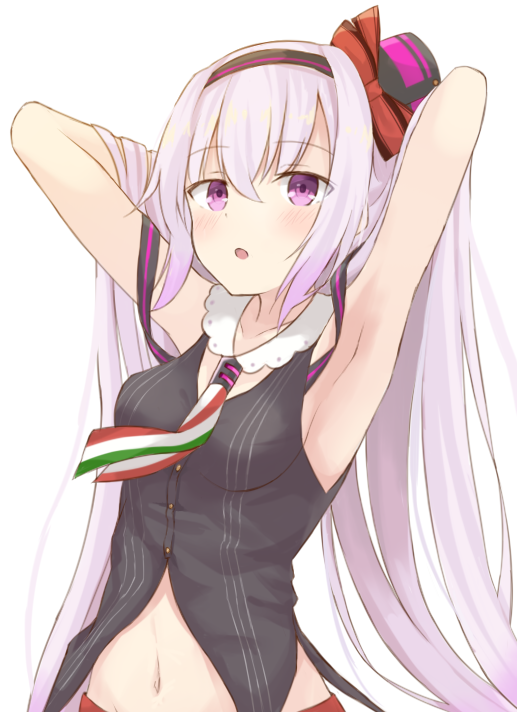 .live 1girl :o armpits arms_behind_head arms_up bare_arms bare_shoulders black_shirt blush breasts buttons carro_pino collarbone gudou_(gdo_514) hairband hat long_hair looking_at_viewer midriff mini_hat navel necktie parted_lips red_ribbon ribbon shirt sidelocks sleeveless sleeveless_shirt small_breasts solo standing stomach striped striped_neckwear tilted_headwear upper_body very_long_hair violet_eyes virtual_youtuber white_hair