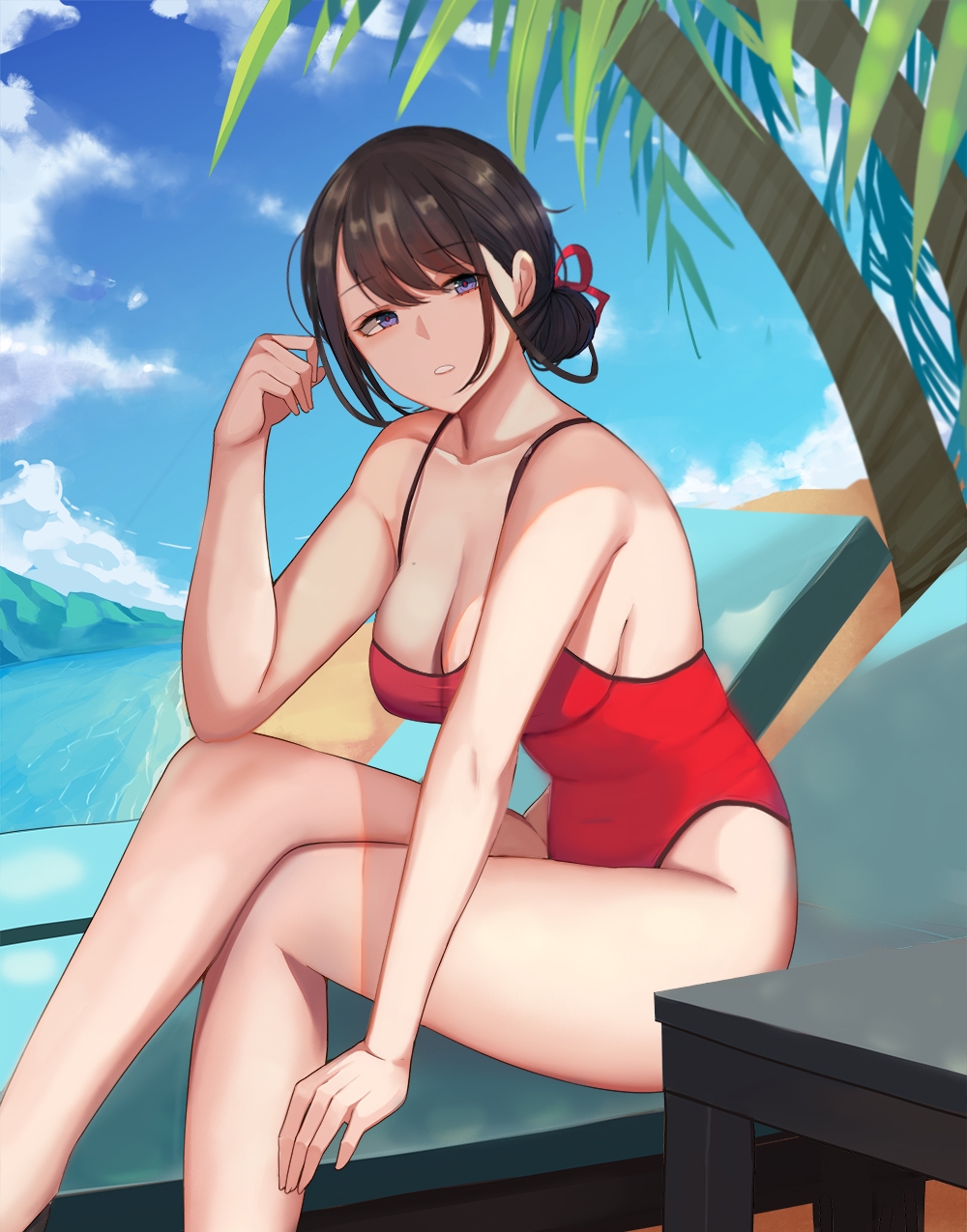 1girl arm_support bangs bare_arms bare_shoulders beach black_hair blue_eyes blue_sky blush breasts cleavage clouds collarbone day eyebrows_visible_through_hair gg-e hair_ribbon hair_up hand_up head_tilt highres large_breasts leaning_forward legs_crossed long_hair looking_at_viewer mole mole_on_breast ocean one_eye_closed original outdoors palm_tree parted_lips red_ribbon red_swimsuit ribbon short_hair sidelocks sitting sky solo swimsuit thighs tree