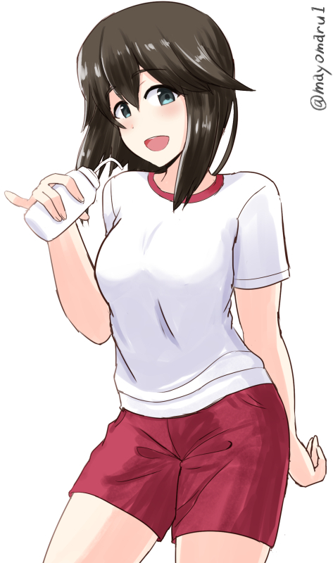 1girl alternate_costume black_hair bottle cowboy_shot grey_eyes gym_shirt gym_uniform hayasui_(kantai_collection) kantai_collection looking_at_viewer mayomaru1 pinky_out red_shorts shirt short_hair shorts simple_background smile solo standing twitter_username water_bottle white_background white_shirt