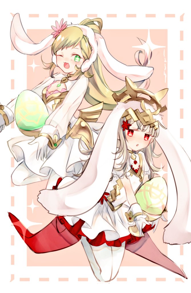 2girls animal_ears blonde_hair blush braid breasts bunny_tail bunnysuit closed_mouth dango_2go dress earrings fake_animal_ears fire_emblem fire_emblem_heroes gloves green_eyes grey_hair hair_ornament jewelry long_hair long_sleeves looking_at_viewer multicolored_hair multiple_girls nintendo open_mouth red_eyes sharena short_hair simple_background smile tail veronica_(fire_emblem) white_background