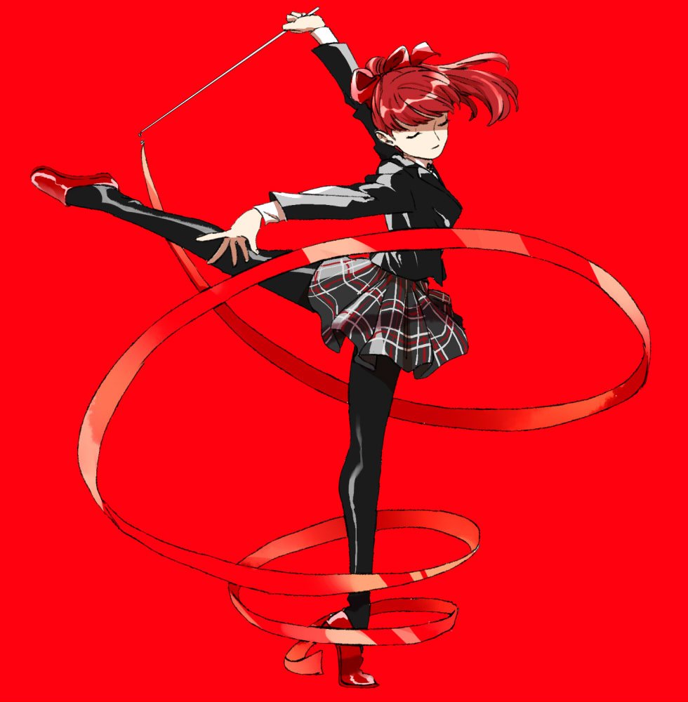 1girl bow chidzuko closed_eyes dancing full_body jacket long_hair pantyhose persona persona_5 persona_5_the_royal ponytail redhead shuujin_academy_uniform simple_background skirt smile solo yoshizawa_kasumi