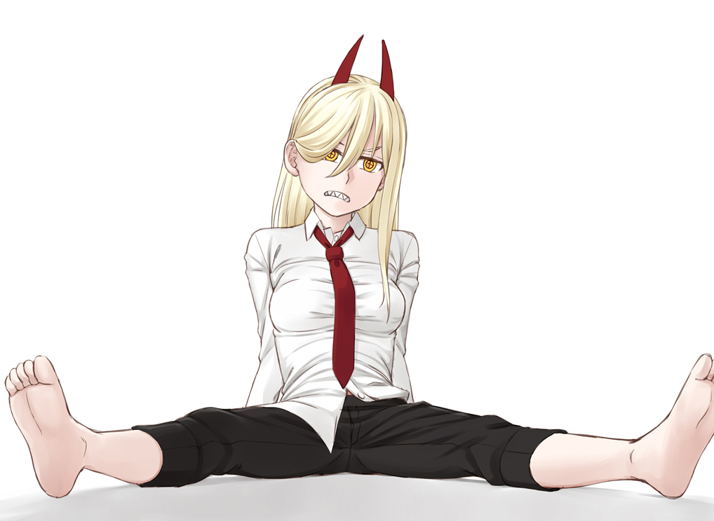 1girl barefoot black_pants blonde_hair chainsaw_man collared_shirt crosshair_pupils easy_(aqk7bdqt) frown full_body hair_between_eyes horns long_hair long_sleeves necktie pants power_(chainsaw_man) red_neckwear sharp_teeth shirt simple_background sitting solo spread_legs teeth white_background white_shirt yellow_eyes