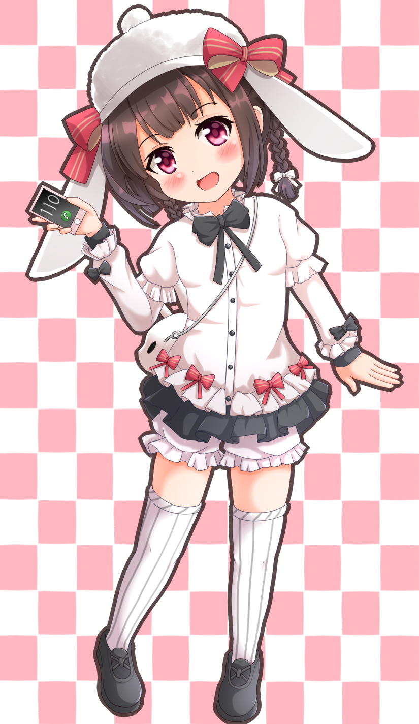 1girl :d animal_bag animal_ears animal_hat bag bangs black_bow black_footwear bloomers blush bow braid brown_hair bunny_hat cellphone checkered checkered_background commentary_request eyebrows_visible_through_hair fake_animal_ears full_body girls_frontline hair_bow hat hat_bow head_tilt highres holding holding_cellphone holding_phone jacket long_sleeves m99_(girls_frontline) open_mouth phone puffy_short_sleeves puffy_sleeves rabbit_ears red_bow red_eyes shiruzu_(sk10102194) shoes short_over_long_sleeves short_sleeves shoulder_bag sleeves_past_wrists smile solo standing striped striped_bow thigh-highs twin_braids underwear white_bloomers white_bow white_headwear white_jacket white_legwear