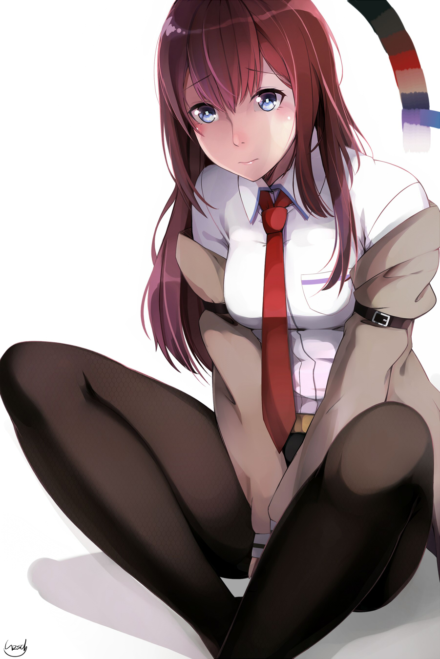 1girl bangs black_legwear brown_hair closed_mouth collared_shirt commentary_request dress_shirt eyebrows_visible_through_hair gzsd hair_between_eyes highres jacket long_hair looking_at_viewer makise_kurisu necktie off_shoulder pantyhose red_neckwear shirt simple_background solo steins;gate white_background white_shirt