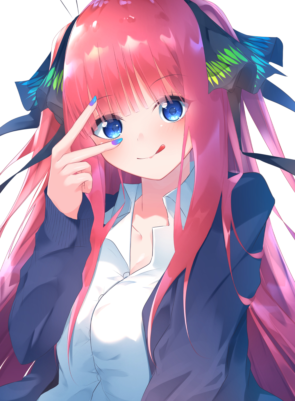 1girl black_ribbon blue_cardigan blue_nails breasts cardigan collarbone collared_shirt commentary_request dress_shirt fingernails go-toubun_no_hanayome hair_ribbon hand_up highres long_hair long_sleeves medium_breasts multicolored multicolored_nails nail_polish nakano_nino open_cardigan open_clothes purple_nails redhead ribbon shirt simple_background sleeves_past_wrists solo suisen-21 two_side_up upper_body v_over_eye very_long_hair white_background white_shirt