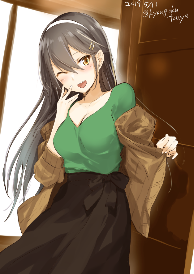 1girl ;d black_hair blush breasts brown_eyes brown_jacket brown_skirt cleavage collarbone commentary_request cosplay cowboy_shot dated green_shirt hair_between_eyes hair_ornament hairband hairclip haruna_(kantai_collection) jacket kantai_collection kirishima_(kantai_collection) kirishima_(kantai_collection)_(cosplay) kyougoku_touya large_breasts long_hair looking_at_viewer one_eye_closed open_mouth shirt skirt smile solo twitter_username white_hairband