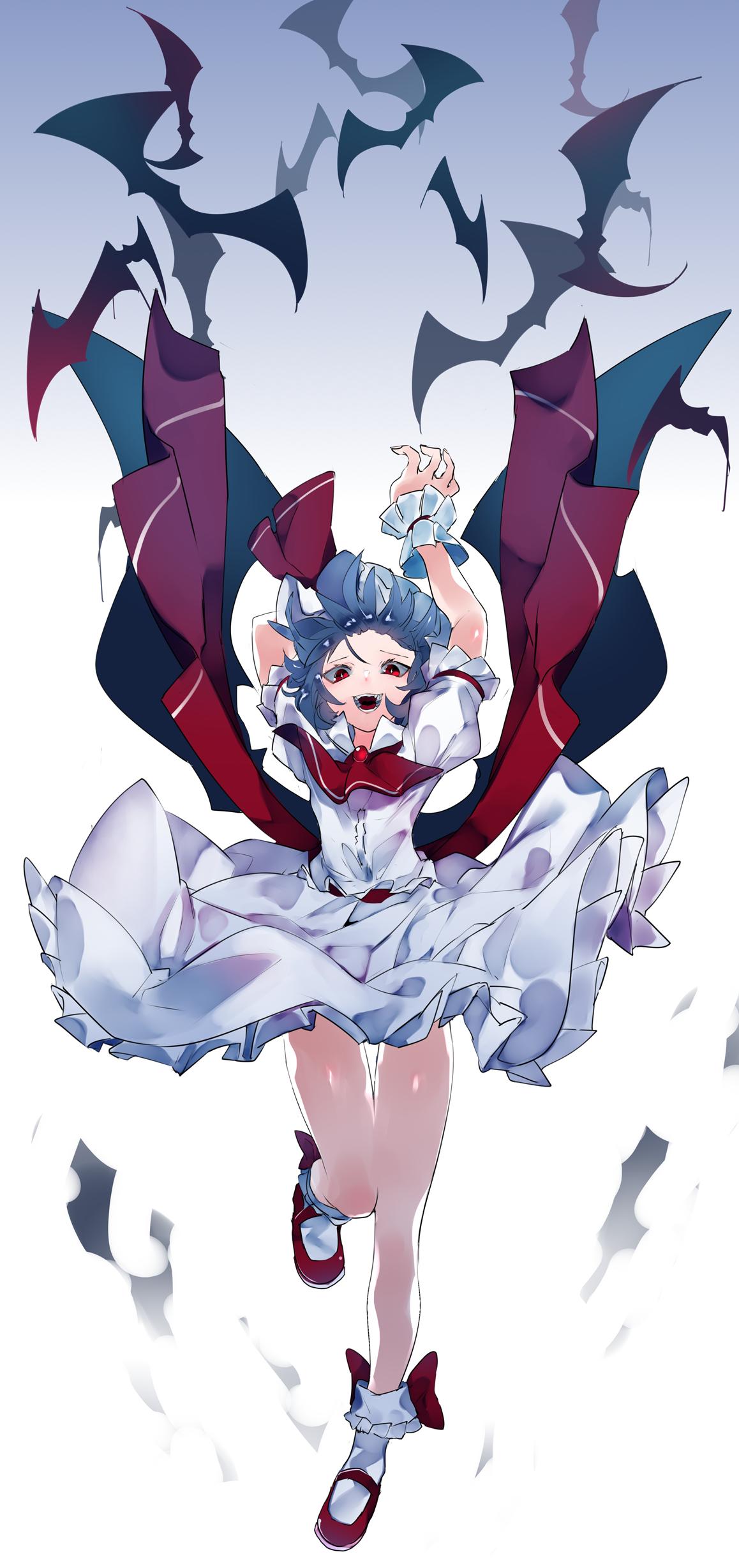 1girl :d absurdres arms_up ascot bare_legs bat blue_background blue_hair bobby_socks brooch commentary_request dress full_body gradient gradient_background hat hat_ribbon highres ikurauni jewelry leg_up looking_at_viewer mary_janes mob_cap open_mouth puffy_short_sleeves puffy_sleeves red_eyes red_footwear red_neckwear red_ribbon red_sash remilia_scarlet ribbon sash shoes short_hair short_sleeves smile socks solo thighs touhou white_background white_dress white_headwear white_legwear wrist_cuffs