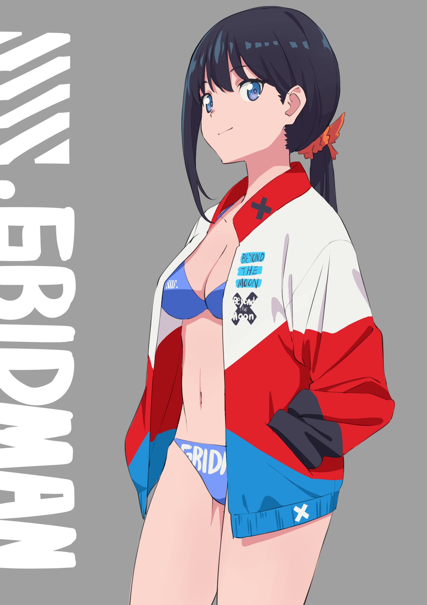 bikini black_hair blue_eyes blue_swimsuit breasts hands_in_pockets highres jacket kengo long_hair looking_at_viewer medium_breasts ponytail ssss.gridman swimsuit takarada_rikka