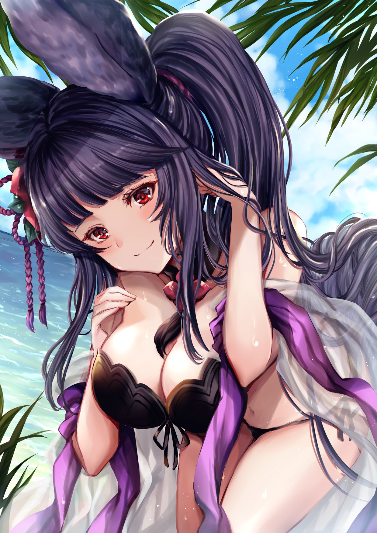 1girl animal_ears bangs bare_shoulders beach bell bikini black_bikini black_hair blue_sky blush breasts clouds day erune fox_ears fox_tail granblue_fantasy hair_bell hair_ornament highres hinahino jingle_bell large_breasts leaning_forward long_hair looking_at_viewer ocean outdoors palm_tree red_eyes sand sky smile solo swimsuit tail tree very_long_hair wet yuel_(granblue_fantasy)