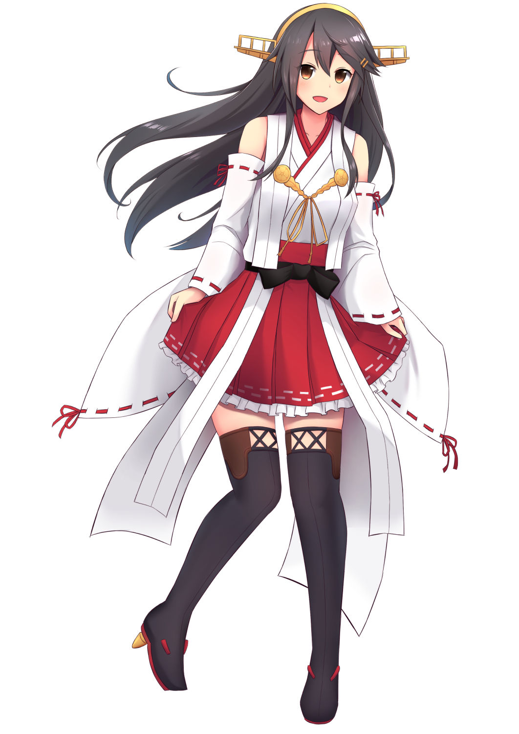 1girl :d akahi242 black_hair boots brown_eyes detached_sleeves full_body hair_ornament hairclip hakama_skirt haruna_(kantai_collection) highres kantai_collection lifted_by_self long_hair looking_at_viewer nontraditional_miko open_mouth pleated_skirt red_skirt remodel_(kantai_collection) simple_background skirt skirt_lift smile solo thigh-highs thigh_boots white_background