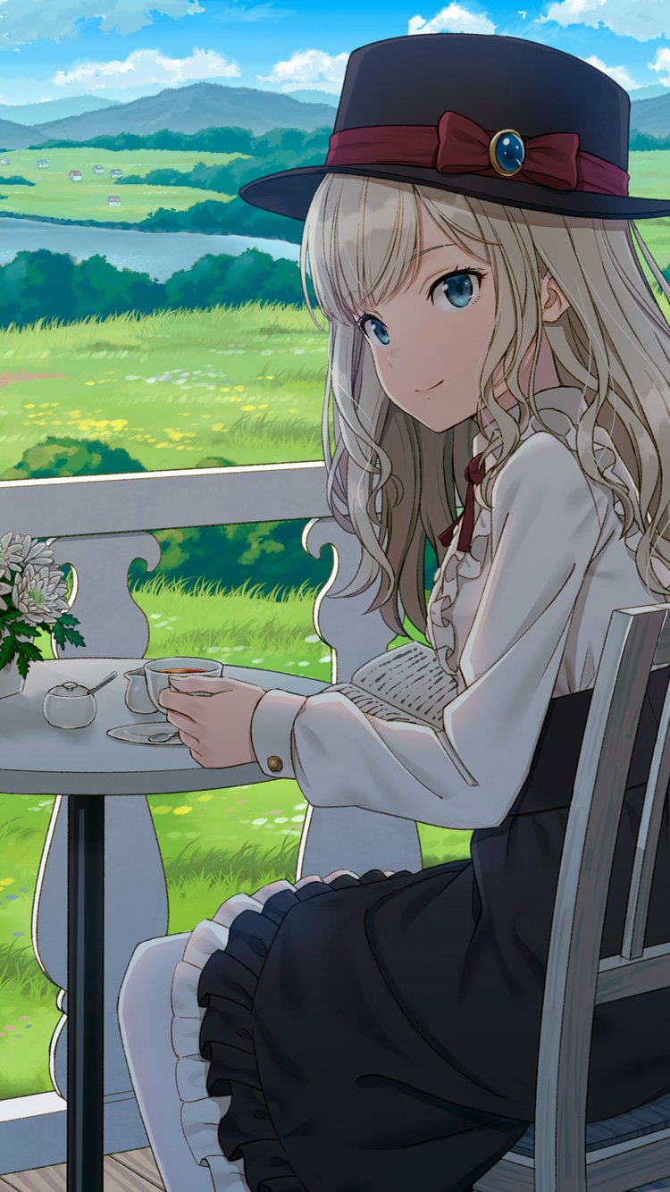 1girl black_headwear blue_eyes blush bow brown_hair chair closed_mouth cup day hat hat_bow hat_ribbon highres holding holding_cup hyuuga_azuri long_sleeves original outdoors plate red_bow red_ribbon ribbon sitting smile solo spoon table tea teacup