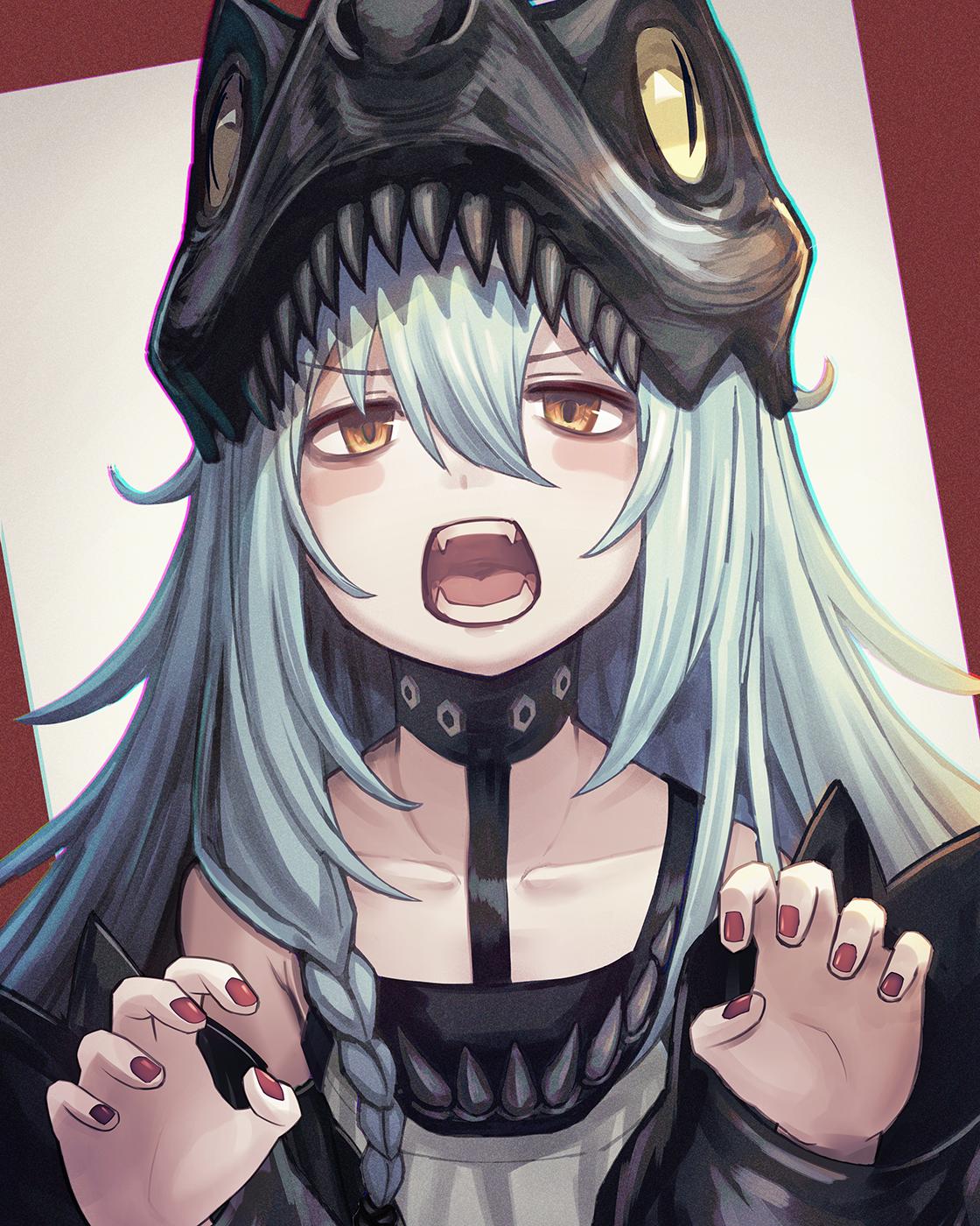 1girl bangs blush braid choker claw_pose dakunesu dinosaur eyebrows_visible_through_hair fang g11_(girls_frontline) girls_frontline hat highres leather leather_choker long_hair nail nail_polish off_shoulder open_mouth shirt side_braid silver_hair sleeveless sleeveless_shirt solo teeth upper_body yellow_eyes