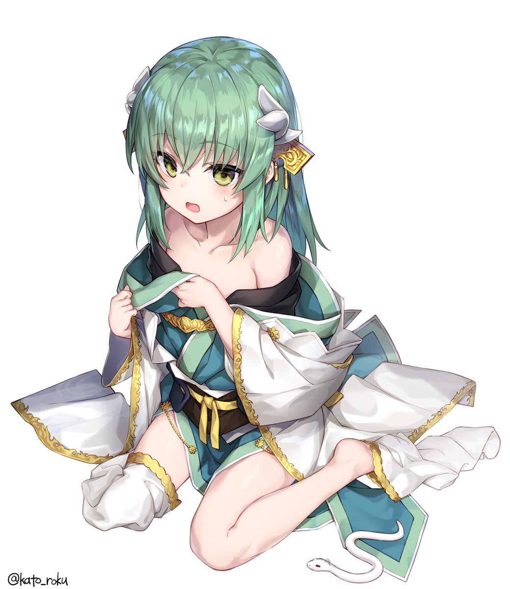 1girl alternate_breast_size bangs bare_legs crossed_bangs eyebrows_visible_through_hair fate/grand_order fate_(series) flat_chest green_eyes green_hair hair_between_eyes highres holding_clothes katoroku kiyohime_(fate/grand_order) long_hair looking_at_viewer open_mouth simple_background single_thighhigh solo thigh-highs twitter_username white_background