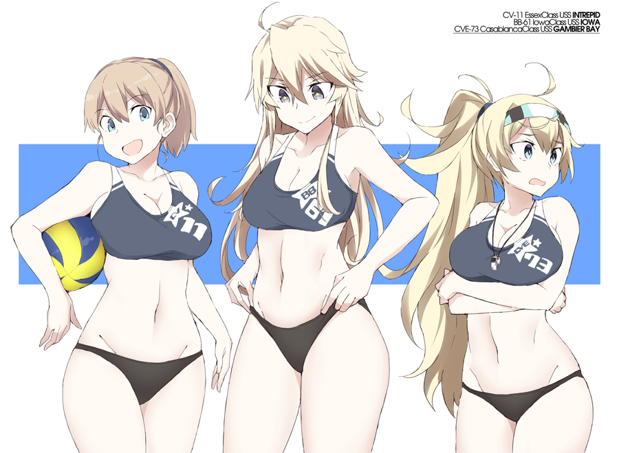 3girls ahoge alternate_hairstyle beach_volleyball black_bikini_bottom blonde_hair blue_eyes breasts brown_hair character_name cleavage collarbone commentary cowboy_shot gambier_bay_(kantai_collection) groin intrepid_(kantai_collection) iowa_(kantai_collection) kantai_collection large_breasts looking_down midriff multiple_girls navel ponytail short_hair smile souji sports_bikini standing star star-shaped_pupils symbol-shaped_pupils two-tone_background volleyball whistle whistle_around_neck white_background