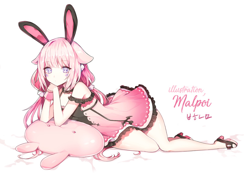 1girl animal_ears artist_name bare_arms bare_legs cat_ears chin_rest commission creature dress elsword eve_(elsword) expressionless full_body long_hair looking_at_viewer lying mal_poi on_side pink_dress pink_hair rabbit_ears sandals short_dress simple_background solo twintails violet_eyes white_background