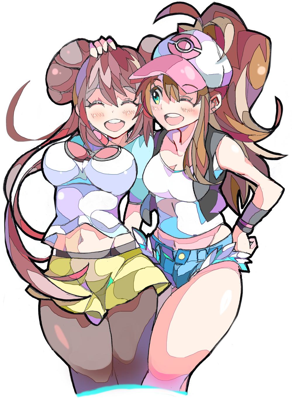 2girls baseball_cap blue_eyes blush breasts brown_hair closed_eyes creatures_(company) double_bun enpe game_freak hair_bun hand_on_another's_head happy hat highres looking_at_viewer low_twintails mei_(pokemon) multiple_girls navel nintendo one_eye_closed pantyhose pokemon pokemon_(game) pokemon_bw pokemon_bw2 ponytail shirt short_shorts shorts skirt smile touko_(pokemon) twintails vest
