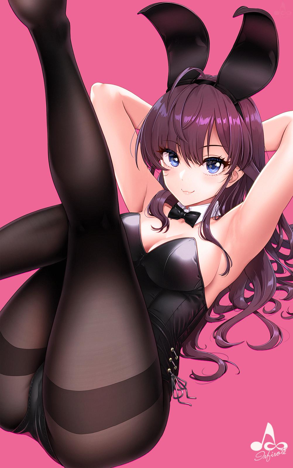 1girl ahoge animal_ears armpits arms_behind_head arms_up ass bangs bare_shoulders blue_eyes blush breasts brown_hair cleavage closed_mouth collarbone hair_between_eyes highres ichinose_shiki idolmaster idolmaster_cinderella_girls infinote legs_up leotard long_hair looking_at_viewer medium_breasts pantyhose rabbit_ears smile solo thighs wavy_hair