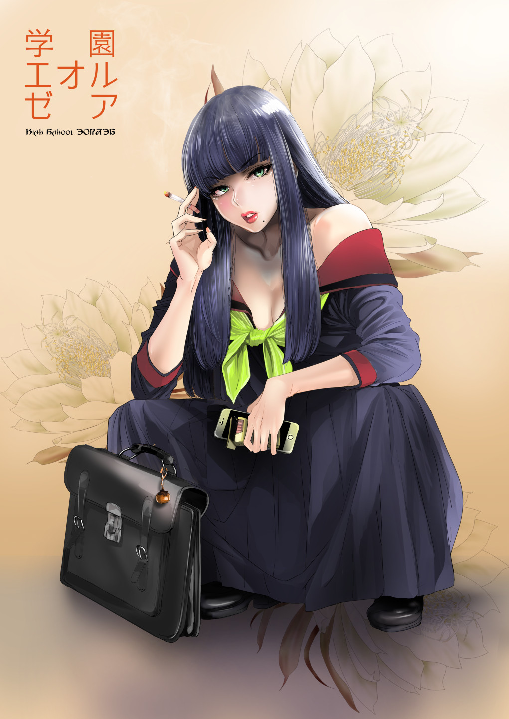 1girl alternate_costume alternate_hairstyle bag bangs black_footwear blue_hair blunt_bangs breasts cellphone check_flower chrysanthemum cigarette cigarette_box cleavage collarbone commentary_request contemporary final_fantasy final_fantasy_xiv floral_background flower full_body green_eyes green_neckwear highres hime_cut holding holding_cigarette holding_cigarette_box holding_phone lips lipstick long_hair long_skirt looking_at_viewer loose_neckwear makeup mole mole_under_mouth off_shoulder ooshima_ryou parted_lips phone red_lips school_bag school_uniform sidelocks skirt sleeves_pushed_up smartphone smoke smoking solo squatting sukeban tan_background translation_request very_long_hair yotsuyu_(ff14)