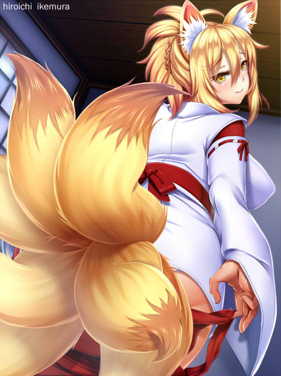 1girl animal_ears artist_name blonde_hair blush breasts closed_mouth fox_ears fox_tail hair_between_eyes high_school_dxd ikemura_hiroichi japanese_clothes kunou_(high_school_dxd) large_breasts looking_at_viewer miko multiple_tails older smile solo tail yellow_eyes