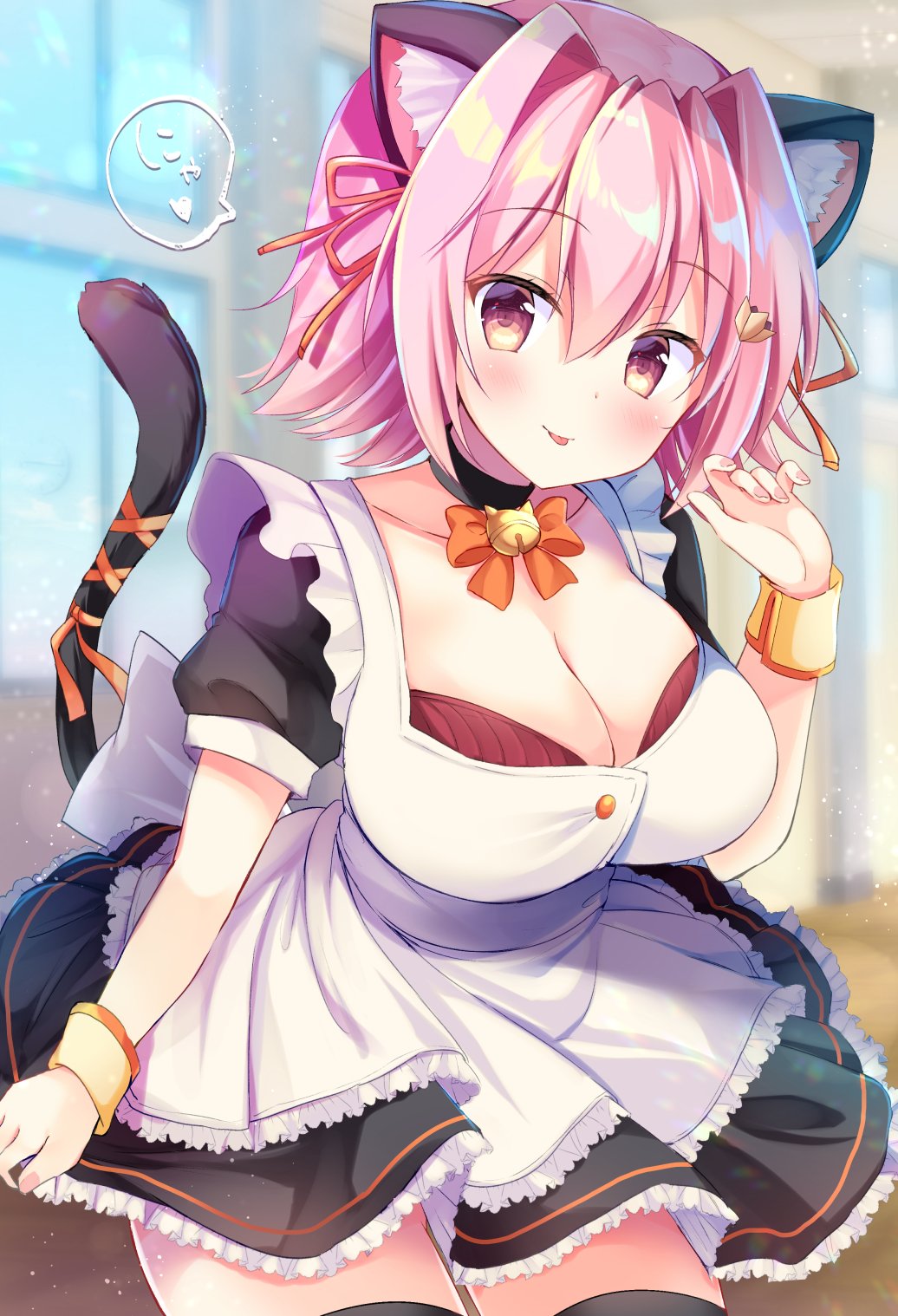 1girl :p alternate_costume animal_ears apron bell black_legwear black_skirt blush bra breasts cat_ears cat_tail cleavage collar commentary_request cuffs enmaided hair_ribbon hand_up heart highres holding_skirt jingle_bell kantai_collection large_breasts looking_at_viewer maid maid_apron masayo_(gin_no_ame) nail_polish pink_eyes pink_hair pink_nails ribbon short_hair short_sleeves skirt smile solo spoken_heart tail tama_(kantai_collection) thigh-highs tongue tongue_out underwear window wrist_cuffs zettai_ryouiki