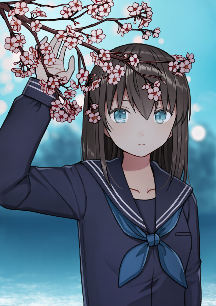 1girl arm_up bangs black_shirt blue_eyes blue_neckwear blue_sailor_collar blurry blurry_background breasts brown_hair closed_mouth commentary_request depth_of_field eyebrows_visible_through_hair flower hair_between_eyes kurata_rine long_hair long_sleeves looking_at_viewer neckerchief original pink_flower sailor_collar school_uniform serafuku shirt small_breasts solo tree_branch upper_body