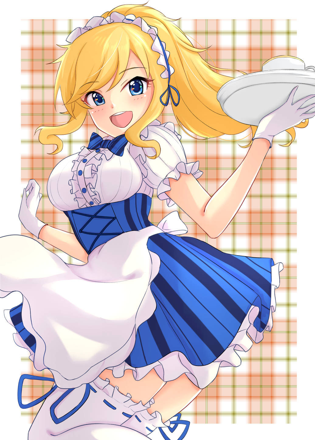 1girl :d apron bangs blonde_hair blue_eyes blue_neckwear blue_ribbon blue_skirt bow bowtie corset cup dress_shirt eyebrows_visible_through_hair floating_hair frilled_legwear from_side gloves highres holding holding_plate idolmaster idolmaster_cinderella_girls idolmaster_cinderella_girls_starlight_stage layered_skirt long_hair looking_at_viewer maid_headdress miniskirt namidako ootsuki_yui open_mouth plaid plaid_background plate ribbon ribbon-trimmed_legwear ribbon_trim shiny shiny_hair shirt short_sleeves skirt smile solo standing striped striped_bow striped_neckwear swept_bangs teacup thigh-highs vertical-striped_skirt vertical_stripes very_long_hair waist_apron white_apron white_background white_gloves white_legwear white_shirt