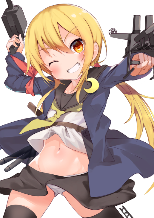 1girl armband bangs black_legwear black_serafuku blonde_hair blush crescent crescent_moon_pin eyebrows_visible_through_hair grin hair_between_eyes holding holding_weapon jacket kantai_collection long_hair long_sleeves low_twintails navel neckerchief one_eye_closed p_answer panties remodel_(kantai_collection) rigging sailor_collar satsuki_(kantai_collection) school_uniform serafuku skirt smile solo teeth thigh-highs twintails underwear weapon white_panties yellow_eyes yellow_neckwear