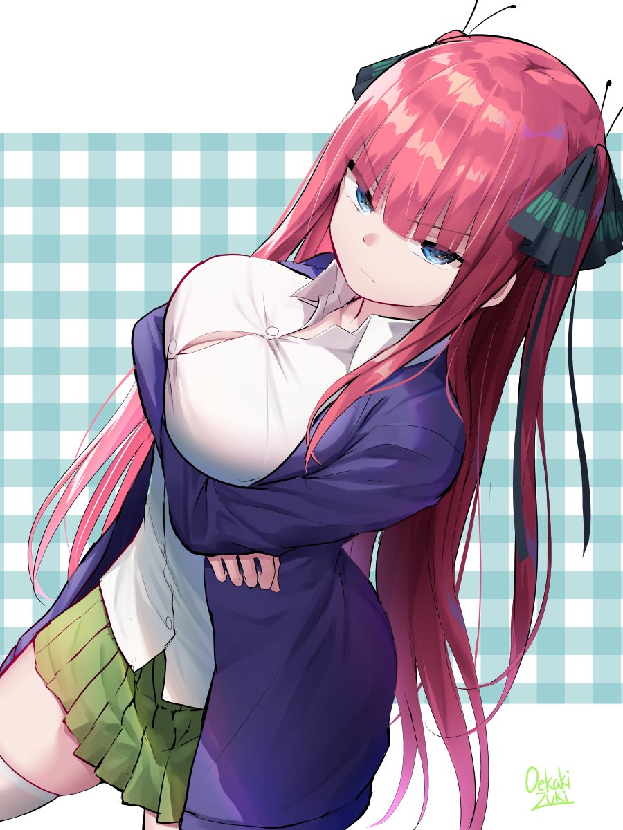 1girl bangs black_ribbon blue_cardigan blue_eyes blunt_bangs blush breasts cardigan closed_mouth collarbone collared_shirt crossed_arms eyebrows_visible_through_hair glaring go-toubun_no_hanayome green_skirt hair_ornament hair_ribbon half-closed_eyes highres large_breasts long_hair long_sleeves looking_at_viewer nakano_nino oekakizuki open_cardigan open_clothes pink_hair pleated_skirt ribbon shirt signature skindentation skirt solo thigh-highs untucked_shirt very_long_hair white_legwear white_shirt